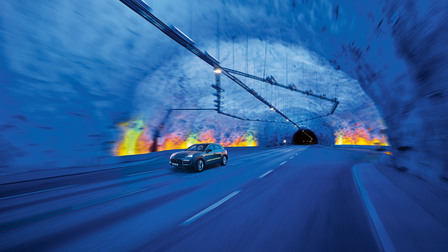 The Porsche Cayenne in the world’s longest road tunnel between Aurlandsvangen and Lærdalsøyri